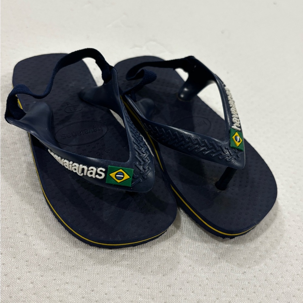 Havaianas Navy Blue Flip Flops with Yellow Trim and Brazilian Flag